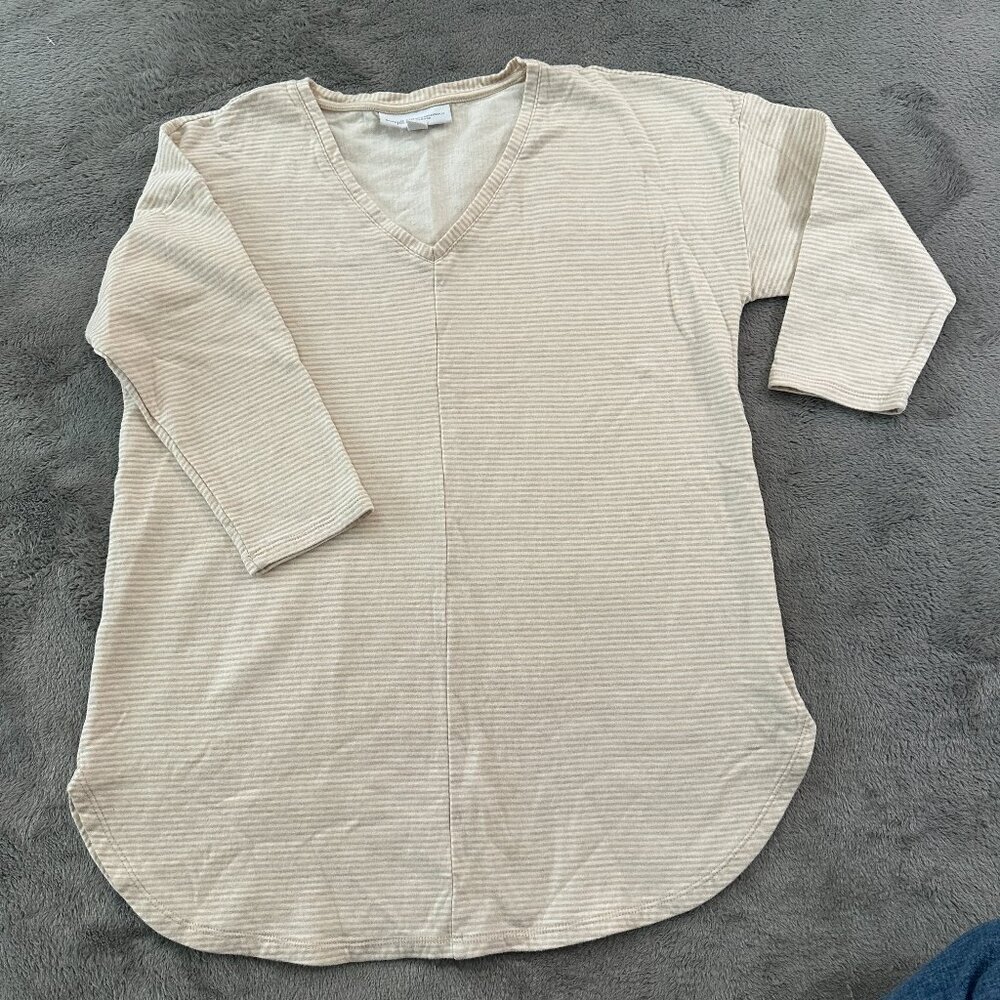 J. Jill Organic Cotton Pure Jill Neutral Stripe Tee Shirt Women's XS Tan White